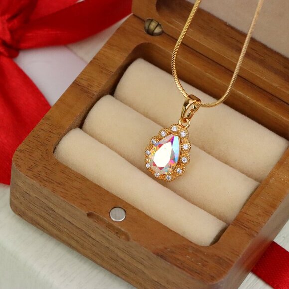 "Elegant Teardrop Rose Gold Pendant with Iridescent Stone Accent, XPPT1515 - Picture 3 of 11